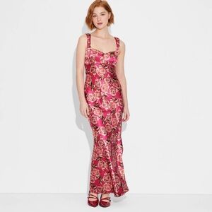 New Absolutely  Cap Sleve Satin Maxi Bodycon Milkmaid Floral Pink Red Holiday